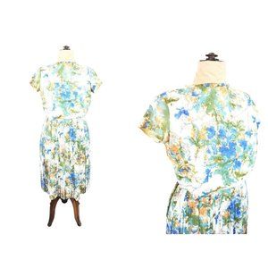 Vintage 1960s Floral Day Dress Abstract Print Pleated Skirt | W 32"